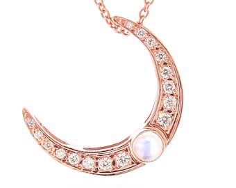 solid 9ct rose gold diamond and moonstone crescent moon pendant or  necklace