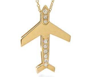 Solid 9ct Yellow Gold Diamond Large Aeroplane Pendant, Airplane necklace