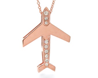 Solid 9ct Rose Gold Diamond Large Aeroplane Pendant, Airplane necklace