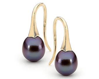 Yellow Gold and small Black Pearl short Drop Earrings