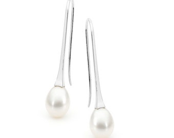 Sterling Silver Long White Freshwater Pearl drop Earrings, White Pearl Long drop earrings, simple long pearl drop earrings