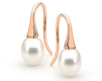 Rose Gold and small White Pearl short Drop Earrings