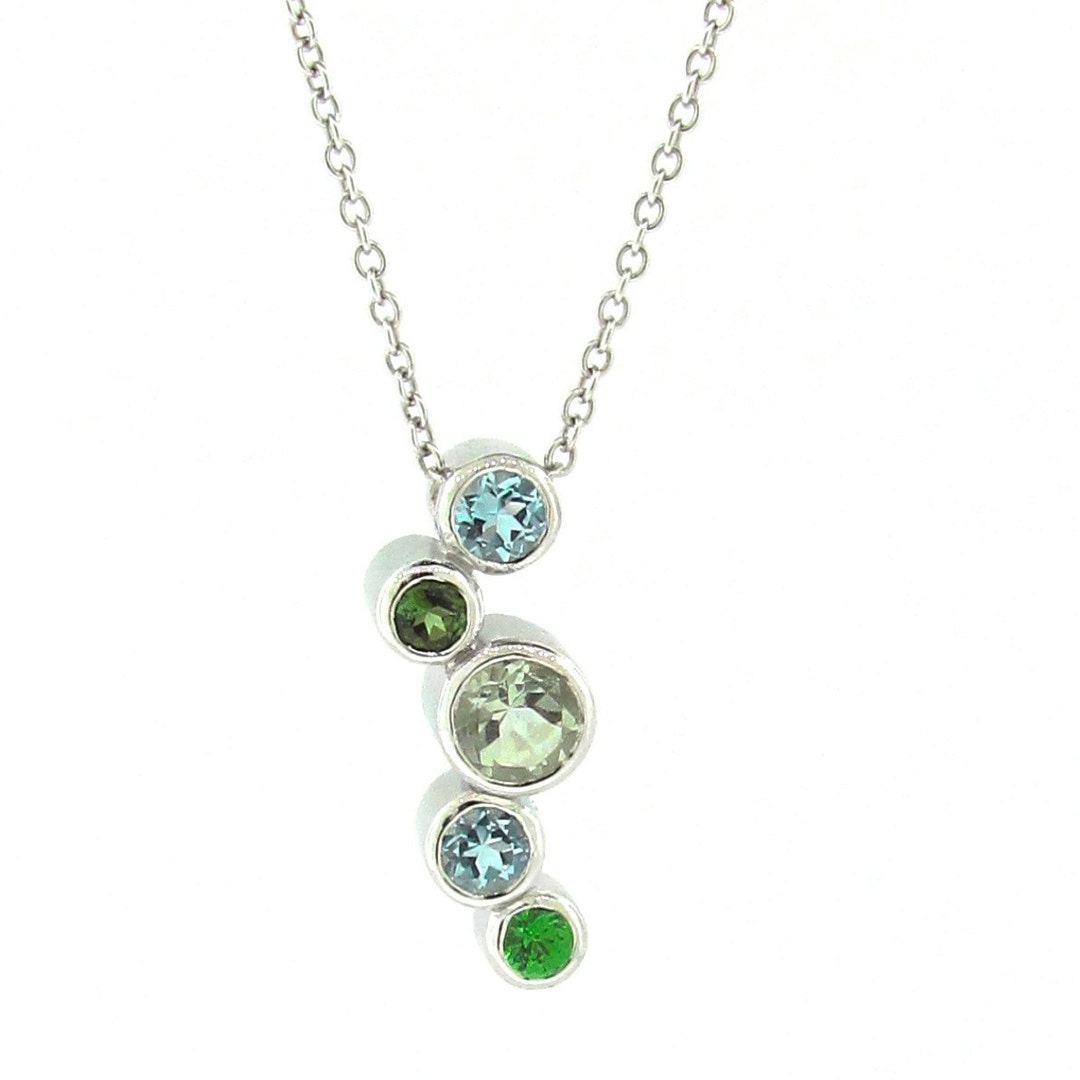 White Gold Line of Bubbles Necklace Set With Aquamarine Green Etsy