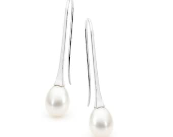 Sterling Silver White Freshwater Pearl Long Drop Earrings, Handmade