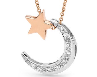 Rose gold star and white gold diamond crescent moon Necklace, rose gold star and white gold moon pendant, star and moon necklace