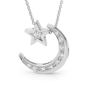 Diamond Crescent Moon Necklace, 14k White Gold Star Pendant