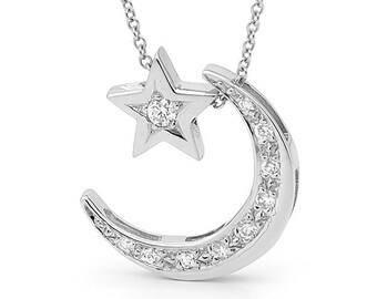 Diamond Crescent Moon Necklace, 14k White Gold Star Pendant