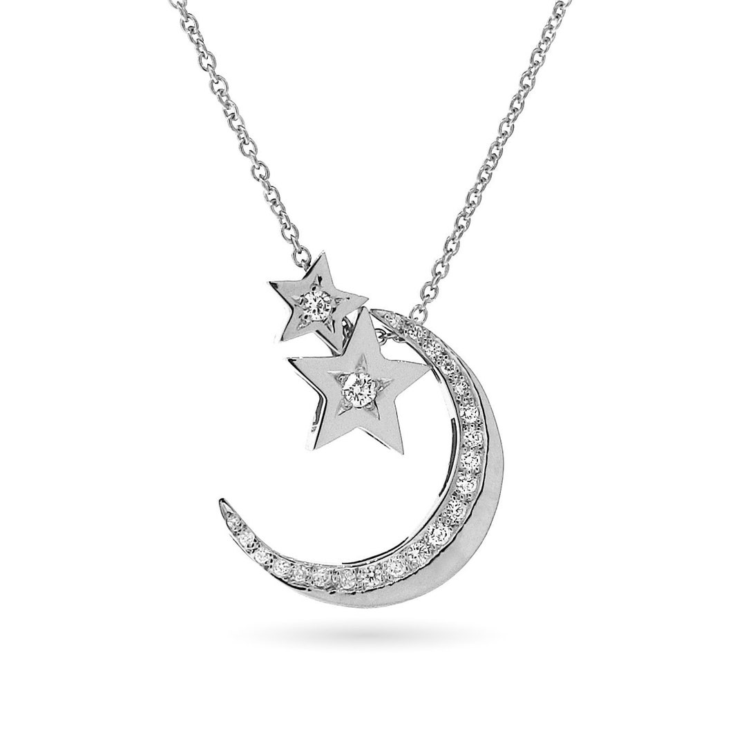 White Gold Diamond Crescent Moon and Stars Necklace, 2 Stars and Moon ...