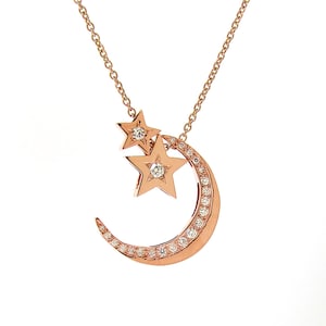 solid 9ct rose gold diamond crescent moon and stars necklace, 2 stars and moon diamond necklace
