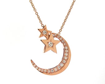 9ct Rose Gold Diamond Crescent Moon and Stars Necklace
