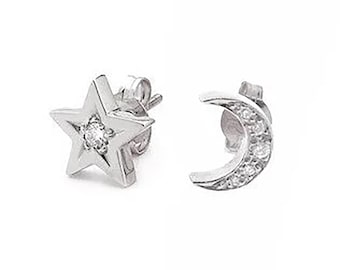 9ct White Gold Moon and Star Diamond Stud Earrings