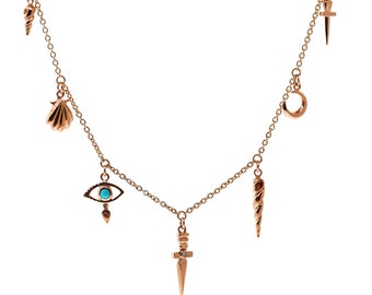 solid 9ct Rose gold Turquoise Diamond Talisman Charm Necklace