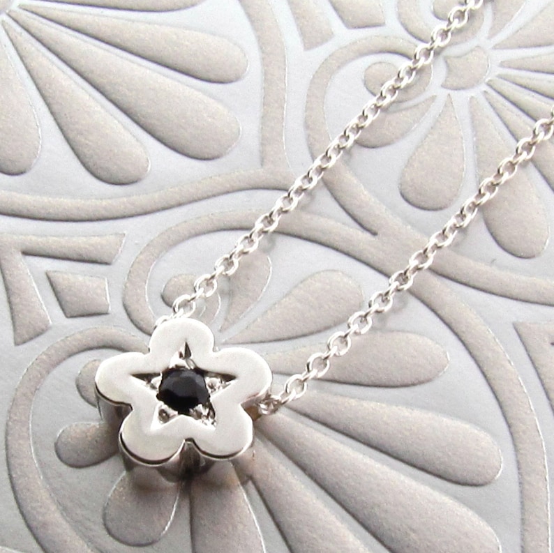 small silver flower pendant Sterling Silver and Black Sapphire small BLOSSOM Necklace small daisy pendant