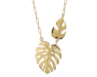 solid 9ct Yellow gold  Large and Mini Monstera Leaf Necklace