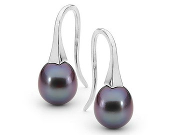 Black pearl earrings, Sterling Silver small Black Pearl drop Earrings