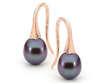 Rose Gold and small Black Pearl short Drop Earrings, French hook