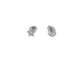 white gold 9k or 18k diamond star and moon studs, variations available,  Small, mini white Gold Diamond Star and moon stud earrings,