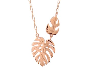 solid 9ct Rose gold  Large and Mini Monstera Leaf Necklace