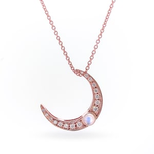 solid 9ct rose gold diamond moonstone crescent moon pendant, moonstone moon  necklace