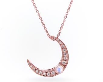9ct Rose Gold Diamond Moonstone Crescent Moon Pendant Necklace