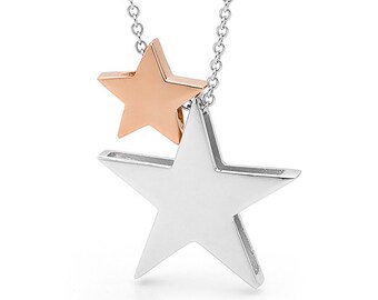 Sterling Silver 9kt solid Rose Gold 2 stars Necklace, Sterling Silver and Rose Gold Double Star Necklace