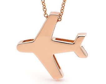 9k Rose Gold Airplane Necklace, Travel Charm Pendant