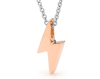 Rose Gold Lightening Bolt Pendant, Sterling Silver Chain Necklace