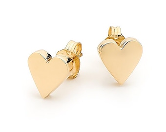 Solid Gold Heart Stud Earrings, Valentines Day Gift
