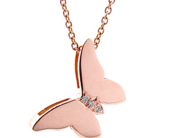 Rose Gold Diamond Butterfly Pendant Necklace, Solid 9ct Gold