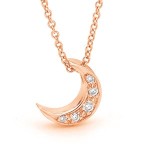 Rose Gold Diamond small Crescent Moon Necklace, 9ct solid rose Gold and diamond moon pendant on a rose gold chain
