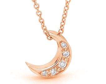 Rose Gold Diamond Baby Crescent Moon Necklace, small rose 9ct, 9k Gold and diamond moon pendant on a rose gold chain