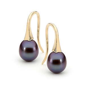 Yellow Gold and small Black Pearl short Drop Earrings image 1