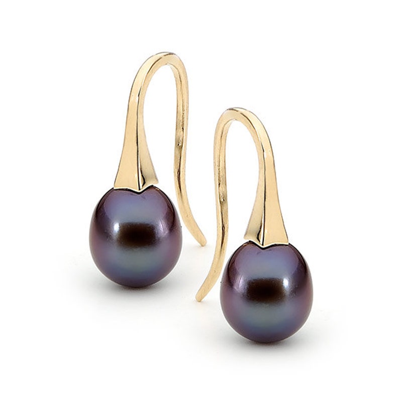 Yellow Gold and small Black Pearl short Drop Earrings image 1