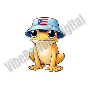 May include: A cartoon frog with a light orange body and large eyes. It wears a light blue bucket hat featuring the Puerto Rican flag. The frog is depicted in a sitting position.