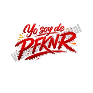 Könnte beinhalten: Rote Grafik auf weißem Hintergrund mit dem Text "Yo soy de PFKN-R". Der Text ist in einem Pinselstrich-Stil mit roten Akzenten und orangefarbenen und gelben Farbspritzern gehalten.