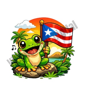 May include: A cartoon illustration of a smiling green frog holding a Puerto Rican flag. The frog is sitting on a rock with tropical foliage, and a musical note floats nearby. The background features a sunset, palm trees, and a coastline.