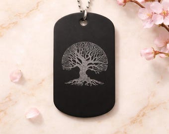 Matte Black Dog Tag Pendant, Tree of Life Etching, Urban Streetwear Necklace