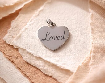 Engraved "Loved" Heart Pendant Necklace - Silver Ball Chain