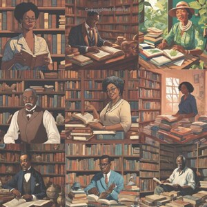 May include: A collage of nine illustrations depicting people reading in a library. The illustrations feature individuals of various ages and attire, surrounded by bookshelves filled with books. The color palette is warm, with browns, greens, and creams.