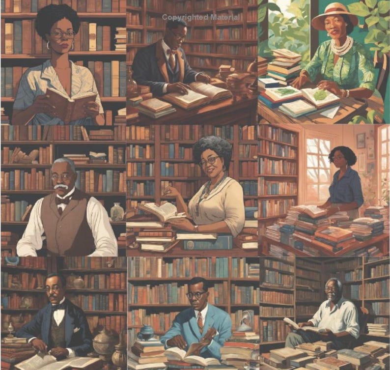 May include: A collage of nine illustrations depicting people reading in a library. The illustrations feature individuals of various ages and attire, surrounded by bookshelves filled with books. The color palette is warm, with browns, greens, and creams.