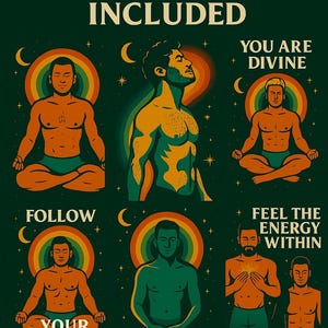 May include: Digital art featuring illustrations of men in various poses, with rainbow halos and celestial elements. Text includes "ALL 12 HOT GAY SPIRITUAL WALLPAPERS INCLUDED", "YOU ARE DIVINE", "FOLLOW YOUR INTUITION", and "FEEL THE ENERGY WITHIN".