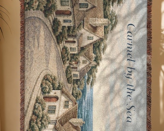 Carmel-by-the Sea Woven Blanket | Coastal Cottage Scene Tapestry Throw