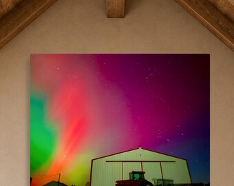 Northern Lights Over Iowa Farm Photography Print | Aurora Borealis Tractor Wall Art | Midwest Night Sky | Rural Farm Decor