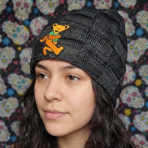 Custom Black Slouchy Beanie - Grateful Dead Dancing Bears Patches -  Blue, Pink, Orange, Yellow, Green