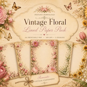 May include: Vintage floral lined paper pack with a romantic aesthetic. The design features pink peonies, sunflowers, butterflies, and tulips. The text reads "Vintage Floral Lined Paper Pack" and "Romantic Vintage Stationery".