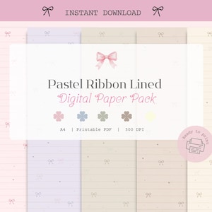 Può includere: Un pacchetto di carta digitale con carta a righe color pastello. Il design presenta un motivo a fiocco e il testo "Pastel Ribbon Lined Digital Paper Pack". Il pacchetto include file PDF stampabili in formato A4 a 300 DPI.