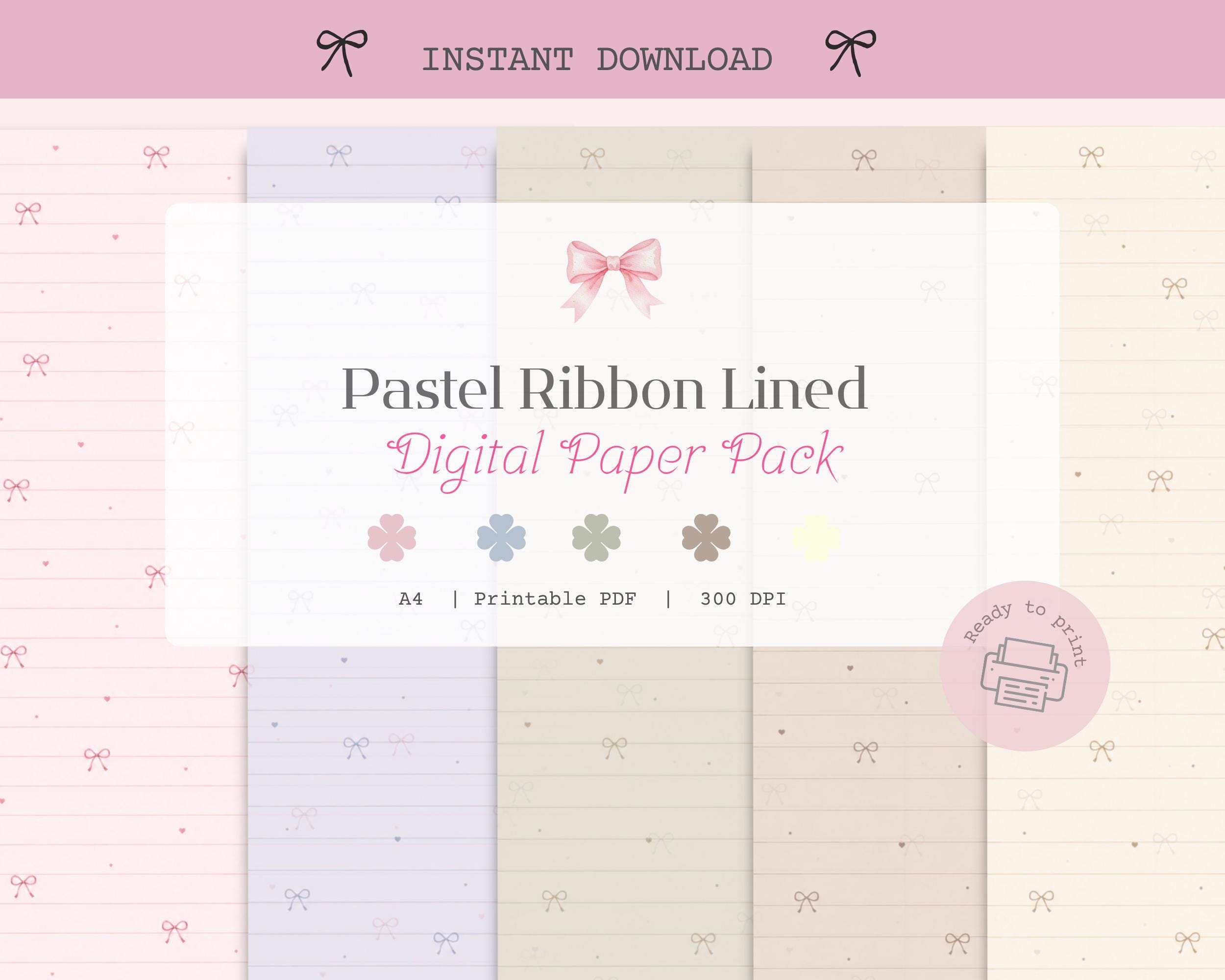 Pastel Ribbon Lined Digital Paper Pack, Coquette Printable Paper Bundle ...