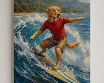Custom Surfer Dog Portrait Canvas, Personalized Beach Pet Wall Art Gift