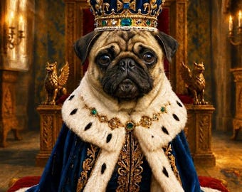 May include: A fawn-colored pug wearing a royal blue velvet cape with white ermine fur trim and a gold-trimmed collar. The pug wears a large, ornate gold crown adorned with blue velvet, pearls, and green gemstones, sitting on a red velvet cushion.
