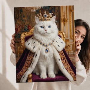 May include: A rectangular canvas print featuring a portrait of a fluffy white cat with blue eyes, wearing a gold crown with pearls and blue gems, a matching necklace, and a purple velvet royal cape with white fur trim, seated on a gold chair.
